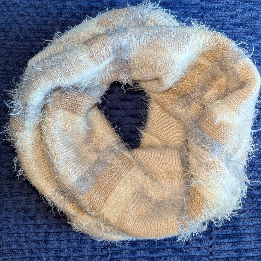 Cozy Fuzzy Knit Scarf in Cream and Gray Infinity
